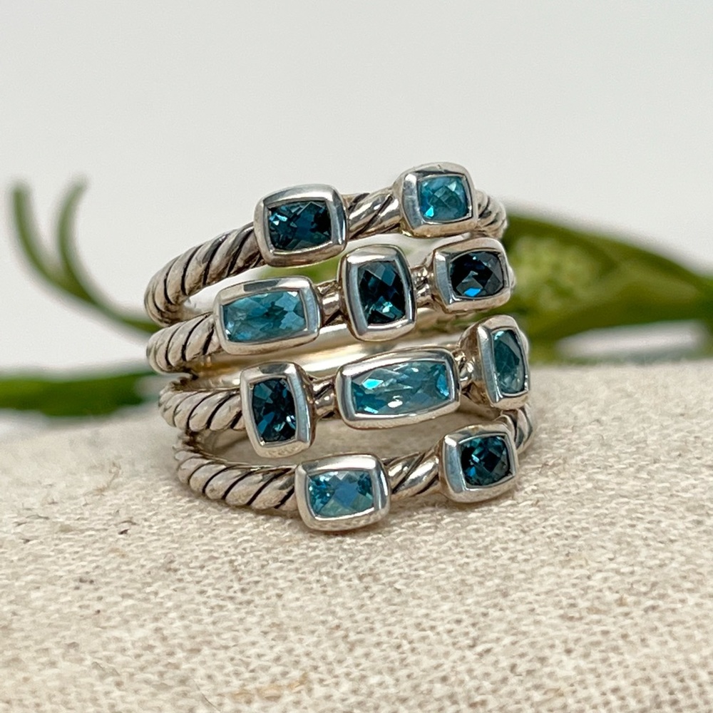 David Yurman 5 Row Confetti Ring Blue/Hampton Blue Topaz .925 Sterling Silver - Picture 1 of 9